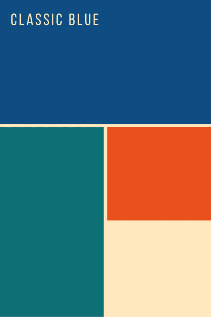 color palette with classic blue, teal, orange, and cream