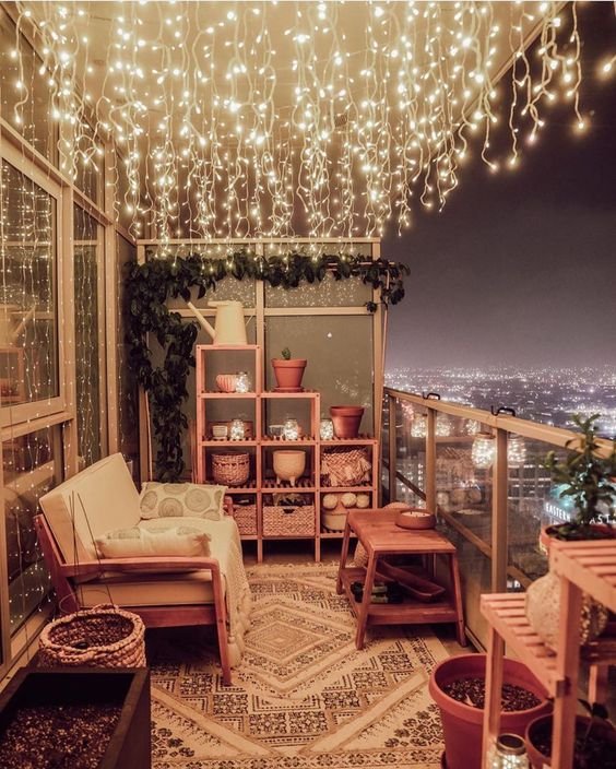 Balcony with twinkle lights