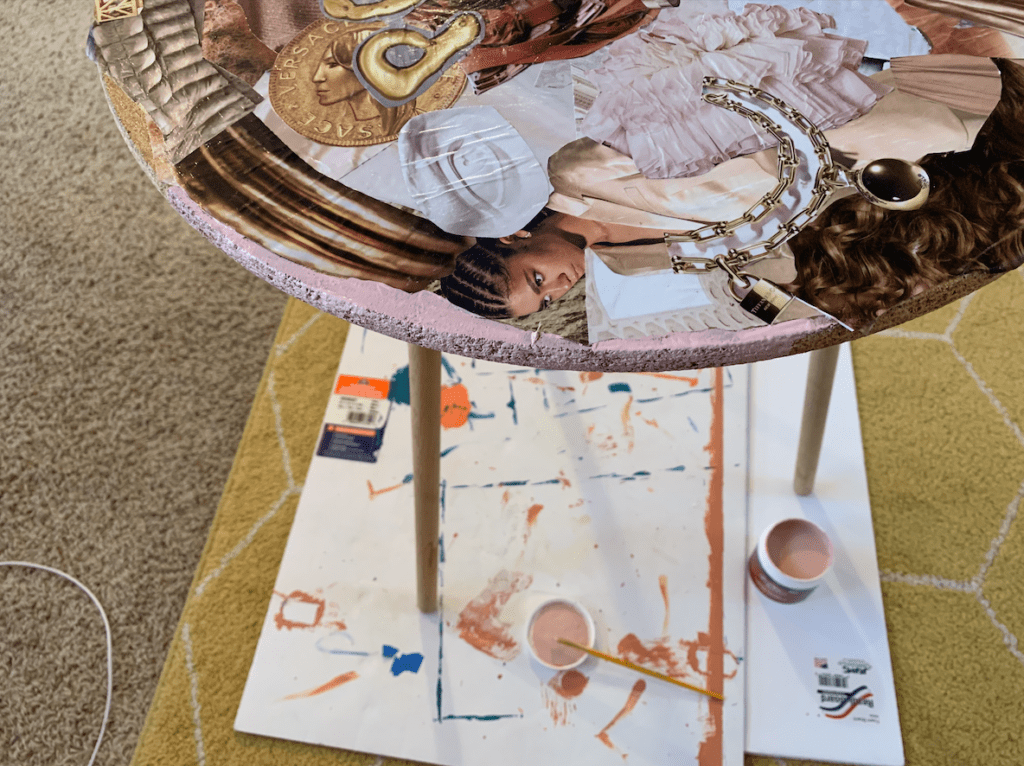 painting the diy collage side table a dusty pink color