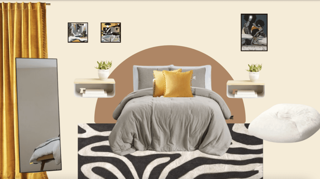 2D mockup of a bedroom with a zebra rug, cream beanbag, golden velvet curtain, matching floating bedside tables, painted on "headboard," ovesized black rimmed mirror and artwork on the wall