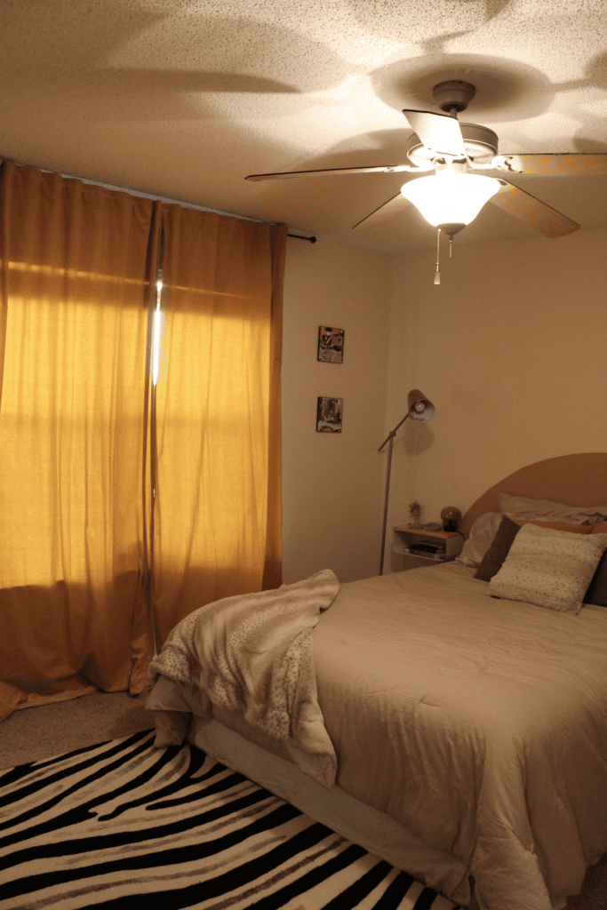 Budget bedroom makeover - curtains closed with sunlight coming into room