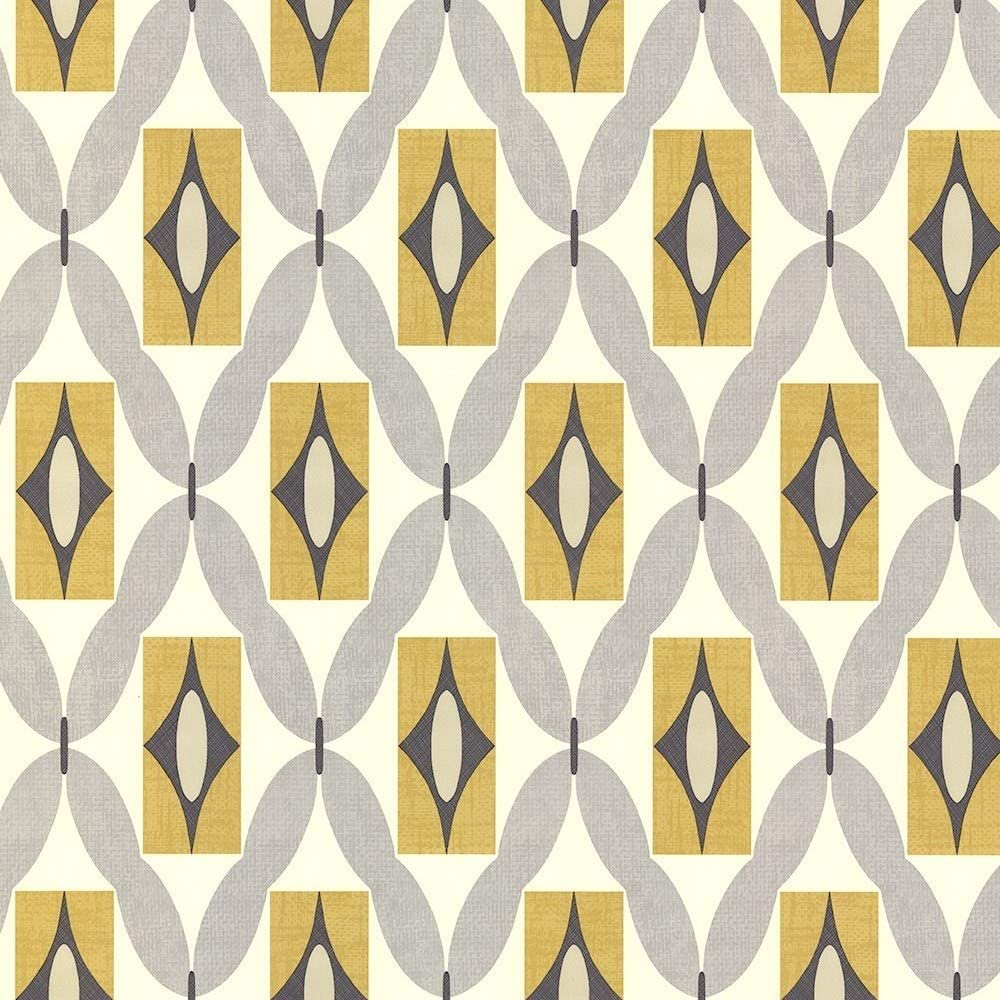 peel + stick wallpaper with a yellow/green and gray mid-century modern pattern