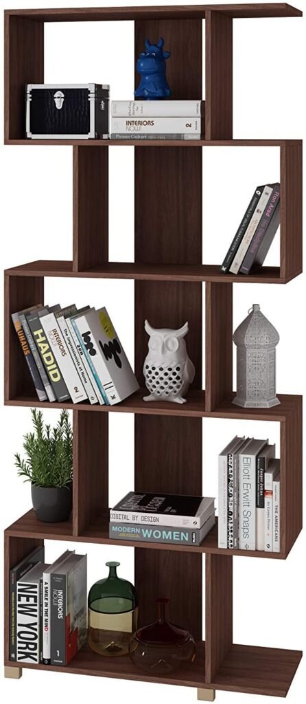 wooden bookshelf with a fun, geometric mid-century modern shape