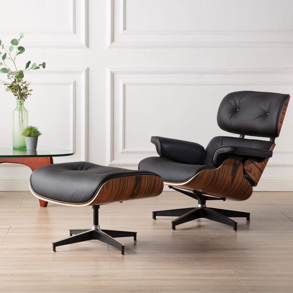 Black leather and walnut wood Eames chair dupe