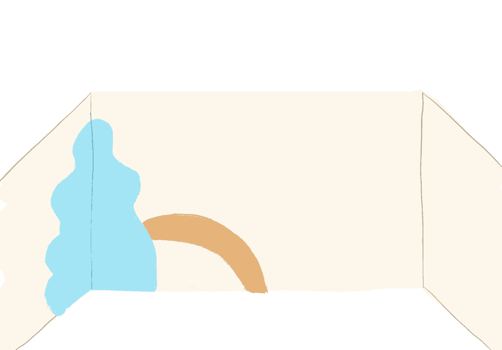 Procreate rendering of room with cream walls and a light blue splotch on the corner with a pale, dusty orange arch