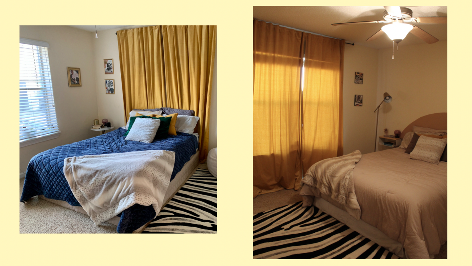 Photo showing the before and after of yellow velvet curtains replacing blinds on the window