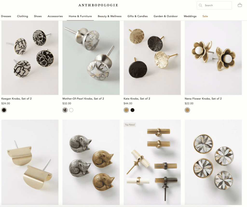 Screenshot of Anthropologie's assortment of handles and knobs