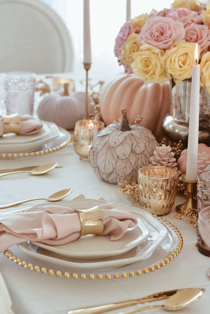 The Pink Dream's peach and pink glam thanksgiving tablescape with pink, gold, yellow, and white girly/glam details. 