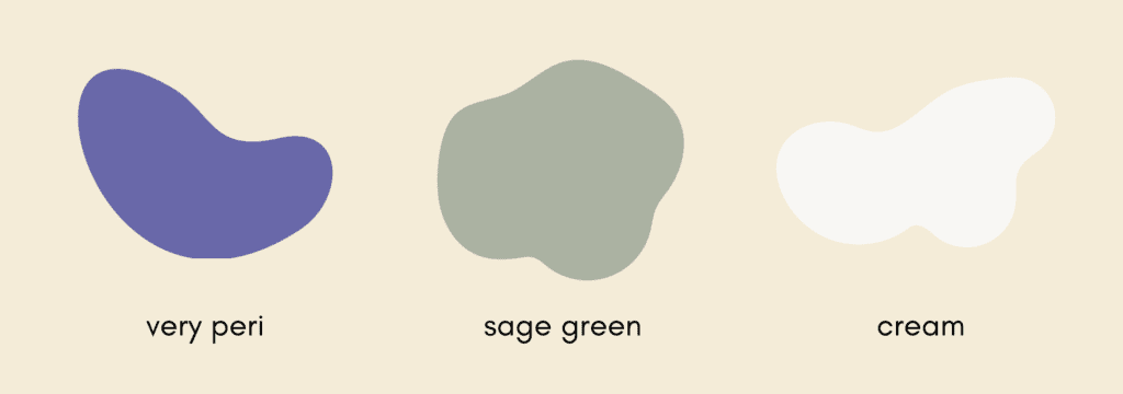 2022 interior design trends - colors that will be popular this year. Very Peri, Sage Green, and cream