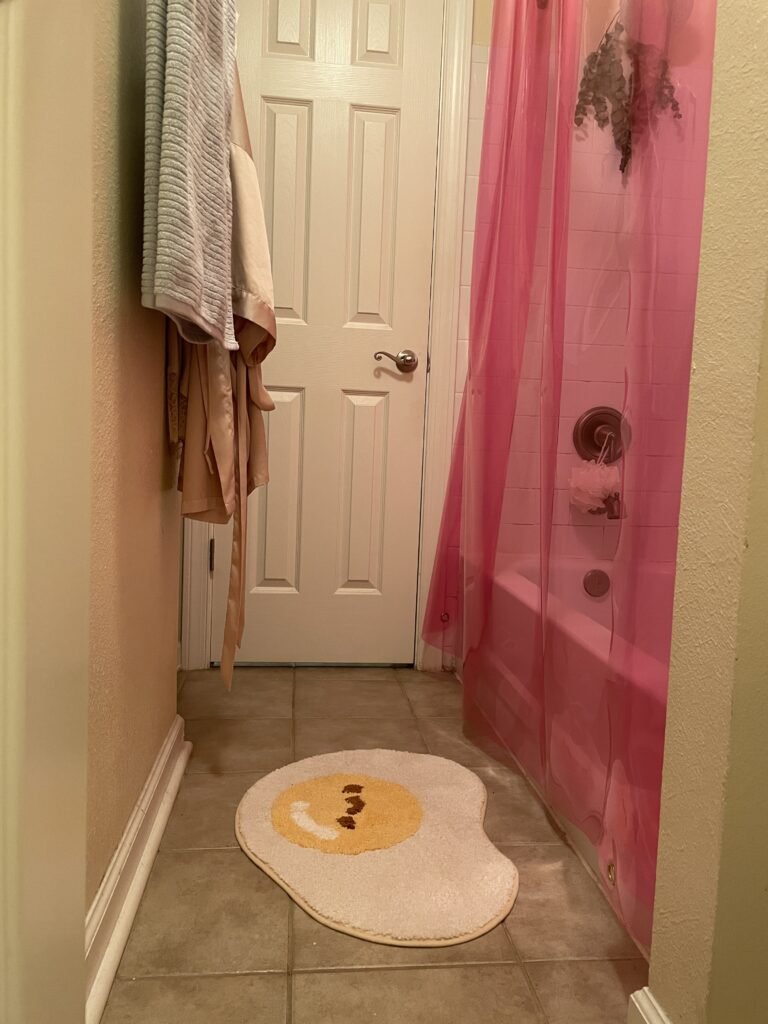 View of bathroom with clear pink PVC shower curtain and egg bath mat