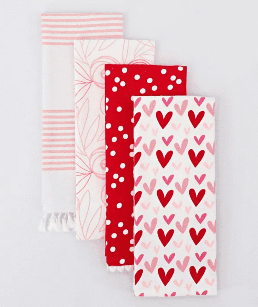 4 count dish towels - Valentine's Day decorations with pink and red heart and love-themed designs - Target