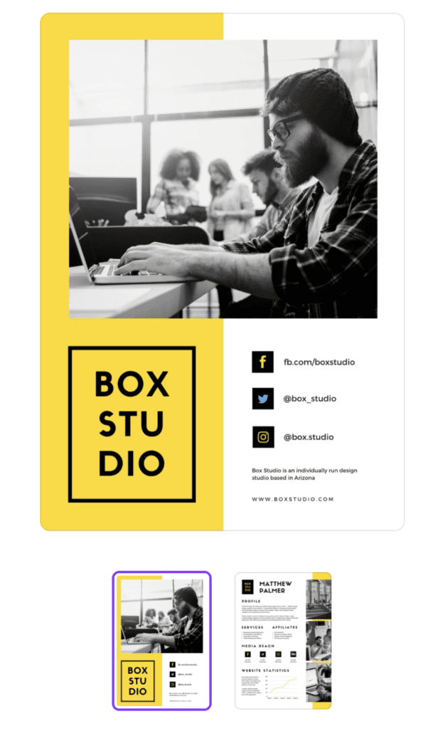Black, white, and yellow media kit with organized design