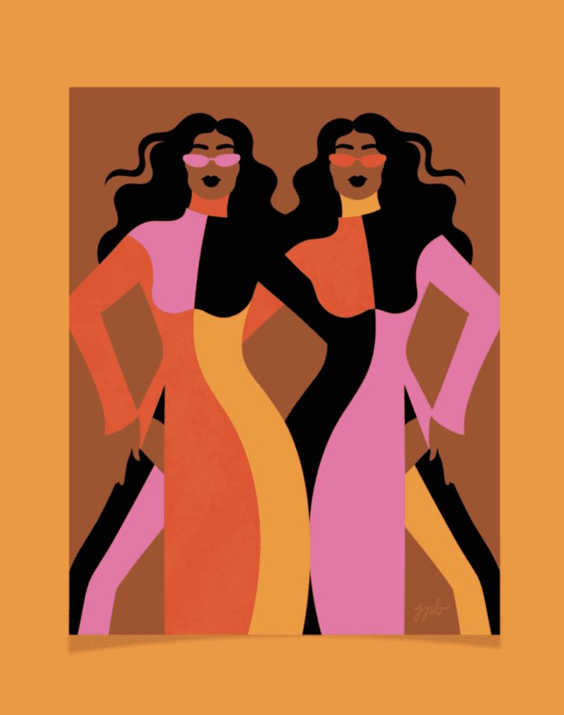 Jade Purple Brown "In-Sync" Art Print - two women in colorful outfits