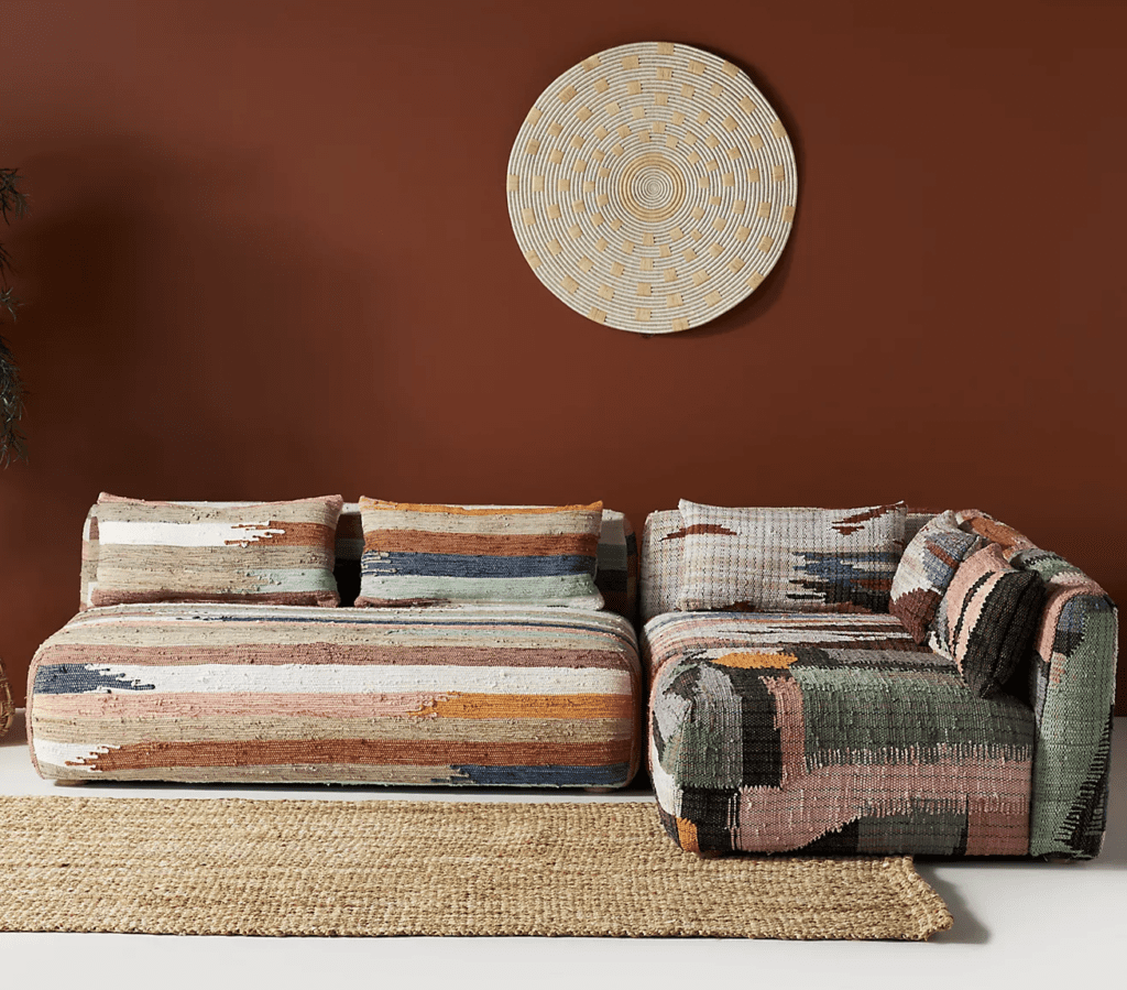 Woven Marija Kori modular armless sofa from Anthropologie. A colorful boho statement sofa option to spend your tax refund on