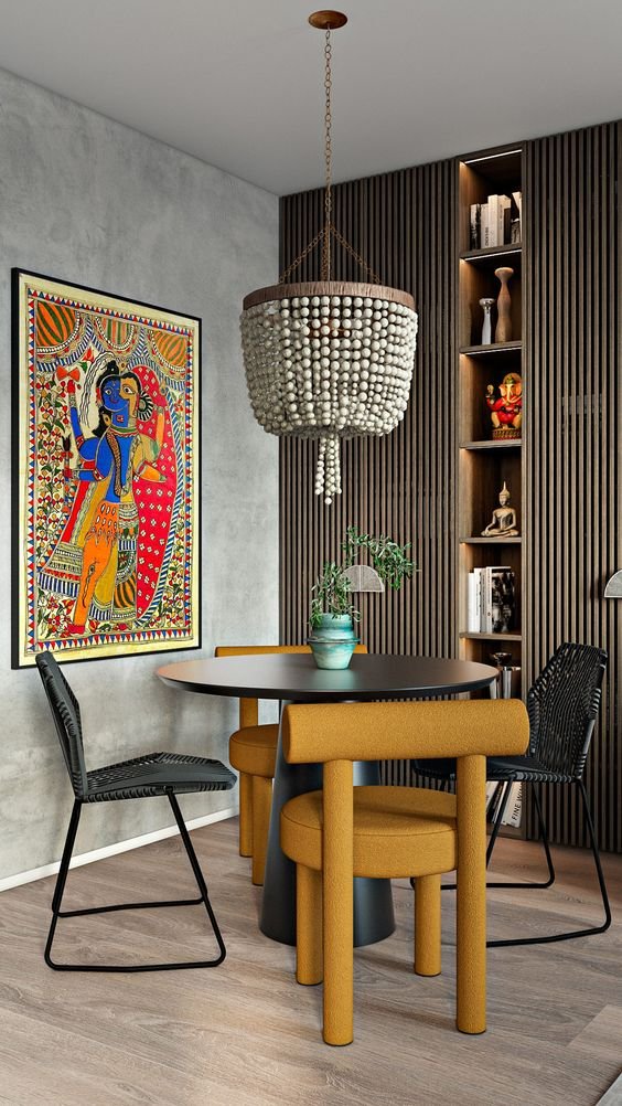 Eclectic dining room with sophisticated mismatched chairs