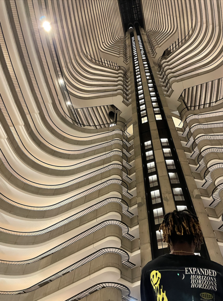 View of the wavy 52-story interior of the hotel
