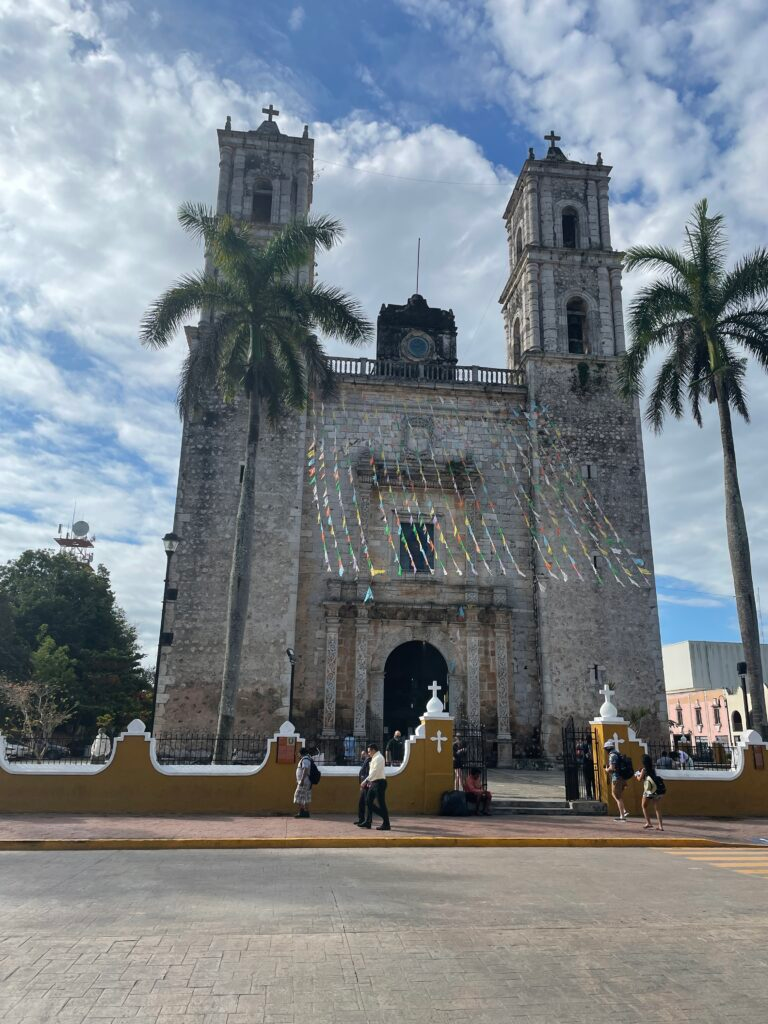 large and historic church in a colonial spanish village outside of Cancun, Mexico