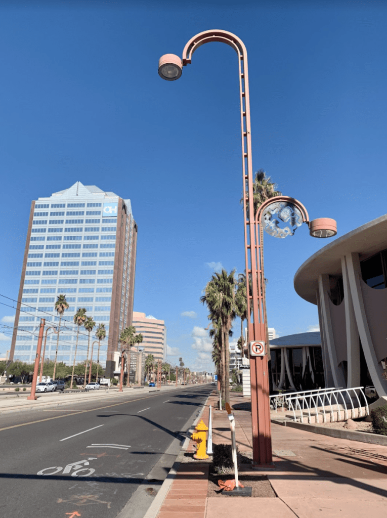 View of a street in Phoenix, Arizona with an interesting street lamp