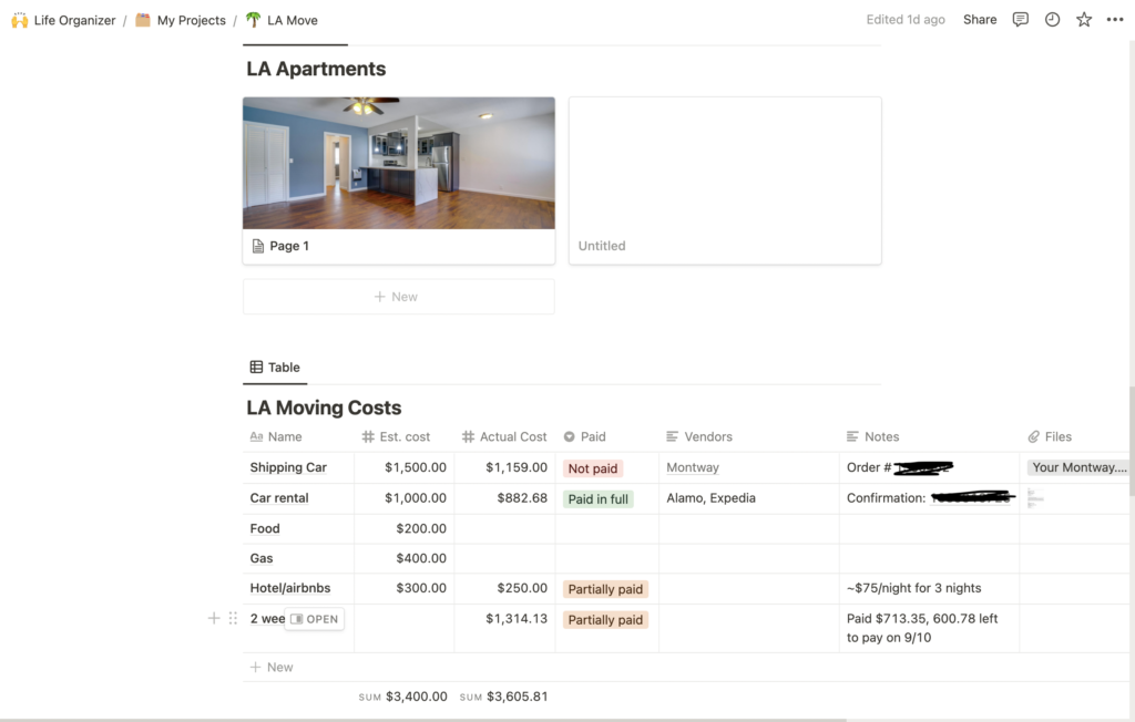 cross-country move planning notion board - LA apartments database, LA moving costs