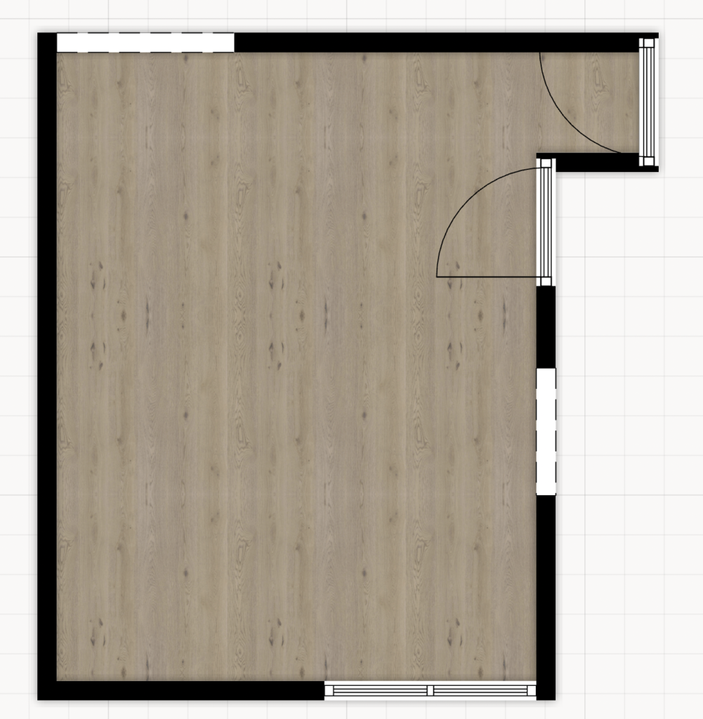 3D birdseye view floor plan of a small living room in Los Angeles