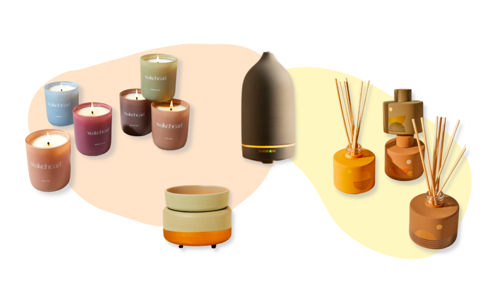 Scent devices to help you sleep better - candles, wax melter, essential oil diffuser, and essential oil rods