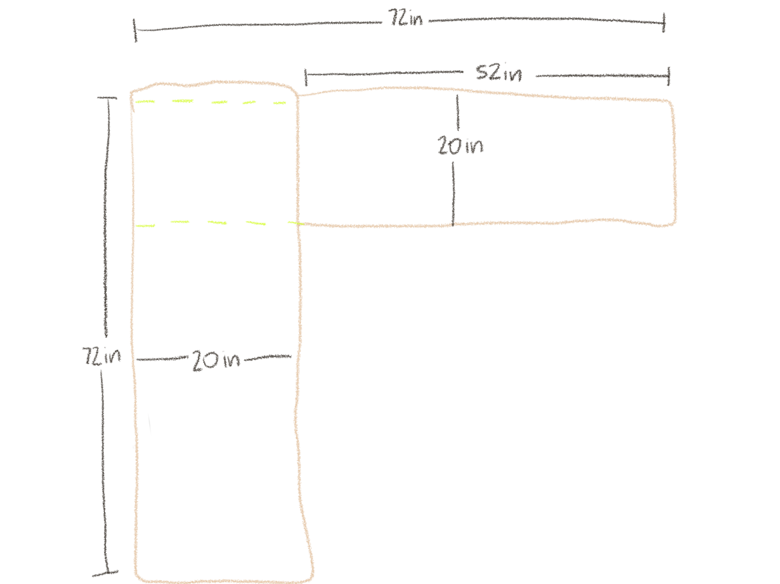 Layout of L-shaped desk demonstrating the overlap to account for in wood length