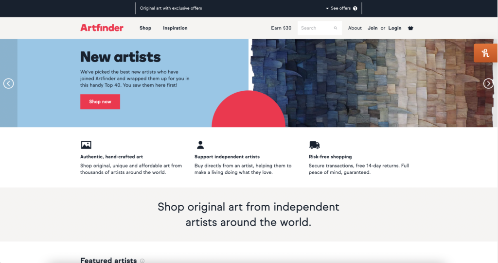 Artfinder marketplace for original art - website homepage