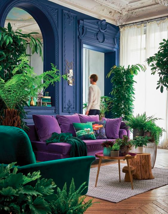 Living room with rich, ultra-saturated jewel-toned green, purple and blue